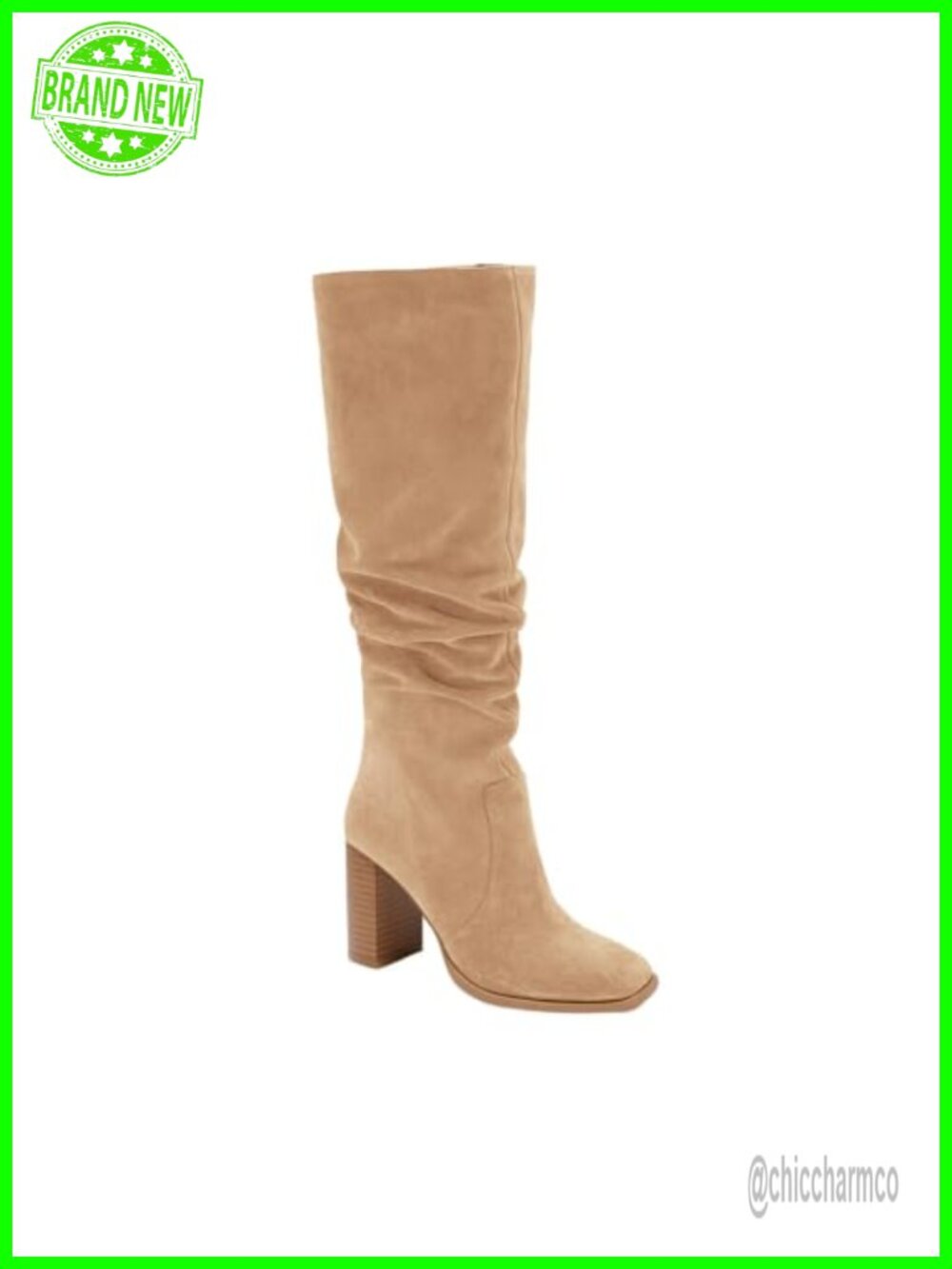 Faux Suede Knee High Boots Chunky Block Heel Square Toe Wide Calf